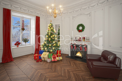 Luxury apartment decorated for christmas with christmas tree