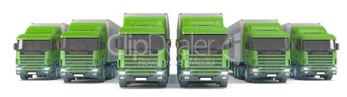 six green cargo trucks parked in a row