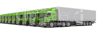 green cargo trucks parked in a row