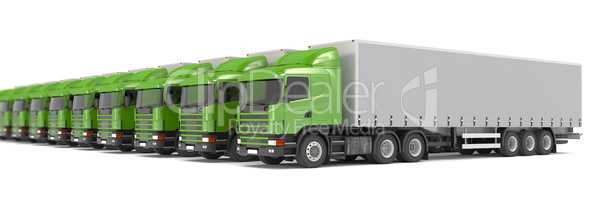 green cargo trucks parked in a row