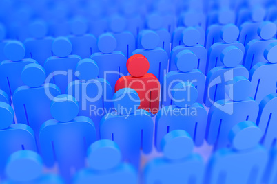 A red person in a crowd of blue people