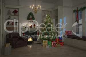 3d - livingroom decorated for christmas - night