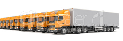 orange cargo trucks parked in a row