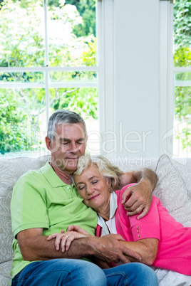 Smiling senior couple relaxing in sitting room