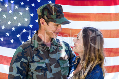 Happy american soldier reunited with his partner