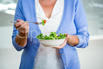 Mid section of senior woman eating salad