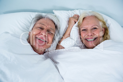 Portrait of cheerful senior couple sleeping on bed