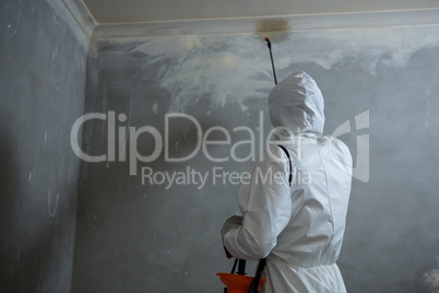 Man doing pest control on a wall