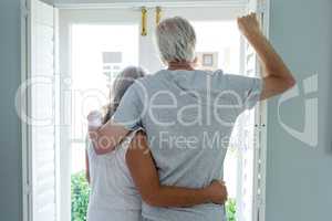 Rear view of senior couple looking through window at home