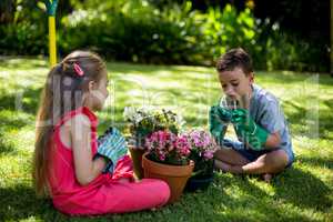 Siblings sitting with flower pots in yard