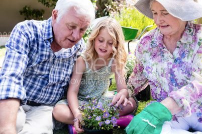 Grandparents and granddaughter sitting in the garden