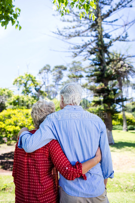 Senior couple embracing in park