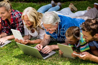 Family using technologies while relaxing at park