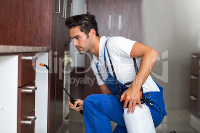 Man spraying pesticide in kitchen