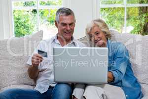 Senior couple shopping online using laptop at sitting room