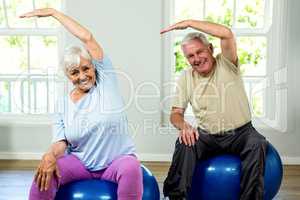 Portrait of smiling senior man and woman exercising