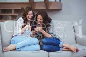 Two beautiful women looking at the mobile phone