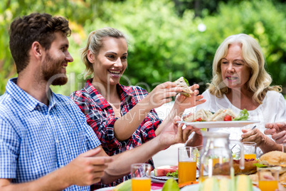 Couple with grandmother having sandwich at yard