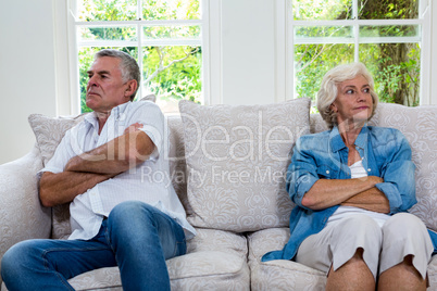 Annoyed senior couple looking away while sitting on sofa