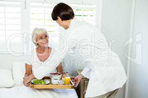 Female caregiver serving breakfast to senior woman