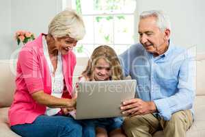 Smiling grandparents and girl using laptop