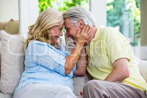 Romantic senior couple emracing at home