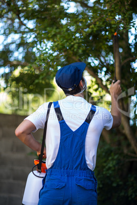 Rear view of manual worker spraying on tree