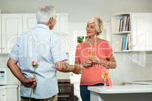 Senior man surprising woman while holding rose