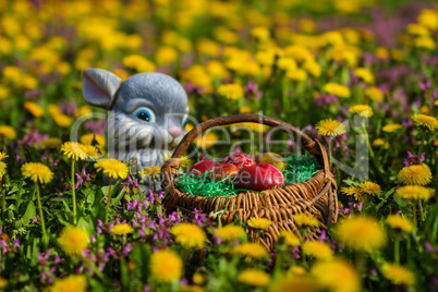 Easter eggs in basket and rabbit