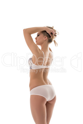 Catalog of underwear. Woman shows pale pink model