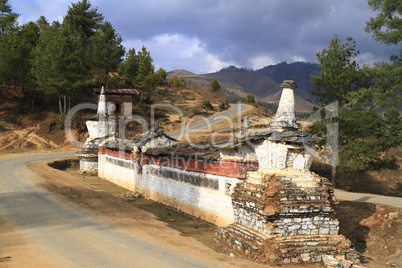 Buddhist wall on the road in Wangdue Phodrang  Valley, Bhutan