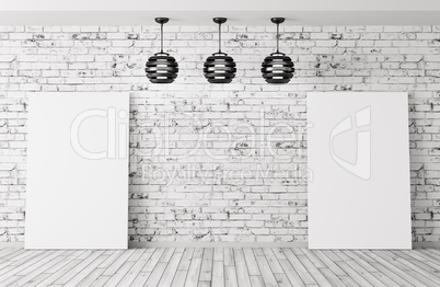 Room with lamps and posters background 3d rendering