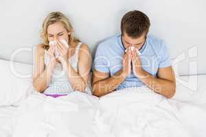 Couple covering nose while sneezing on bed