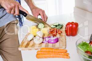 Mid-section of man chopping vegetable in kitchen