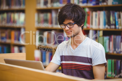 Young student using his laptop in library