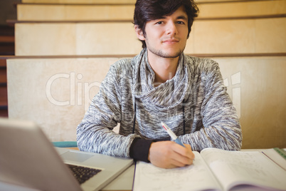 Portrait of young student sitting on desk reading notes