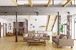 Interior of living room and hall 3d rendering