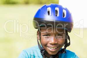 Young boy wearing his helmet