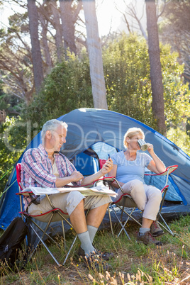 Senior couple relaxing beside their tent