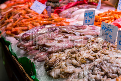 Fish and seafood at the famous Boqueria in Barcelona