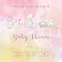 watercolor baby girl shower card with retro toys