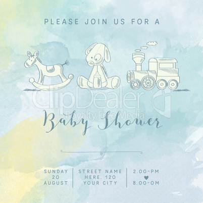 watercolor baby boy shower card with retro toys