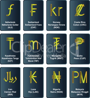 Golden currency symbols of the world