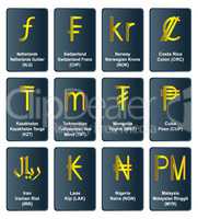 Golden currency symbols of the world