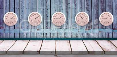 Composite image of five pink clock