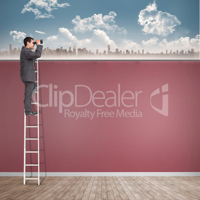 Composite image of businessman looking on a ladder