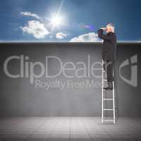 Composite image of businessman looking on a ladder