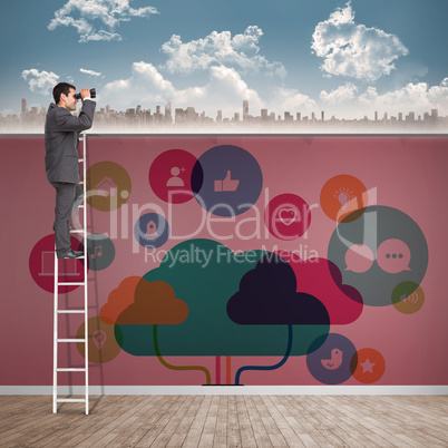 Composite image of businessman looking on a ladder