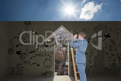 Composite image of businessman looking on a ladder