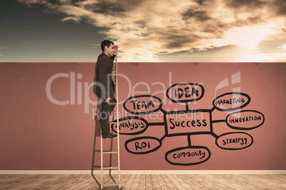 Composite image of happy businessman standing on ladder